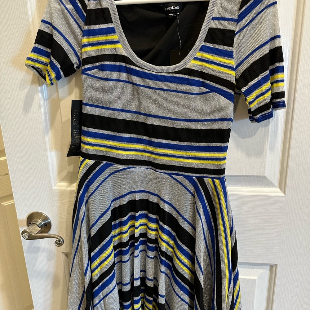 Bebe Striped Dress in Black, Blue, and Yellow
